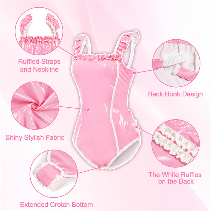 Latex-like Babygirl in Training Onesie Bodysuit