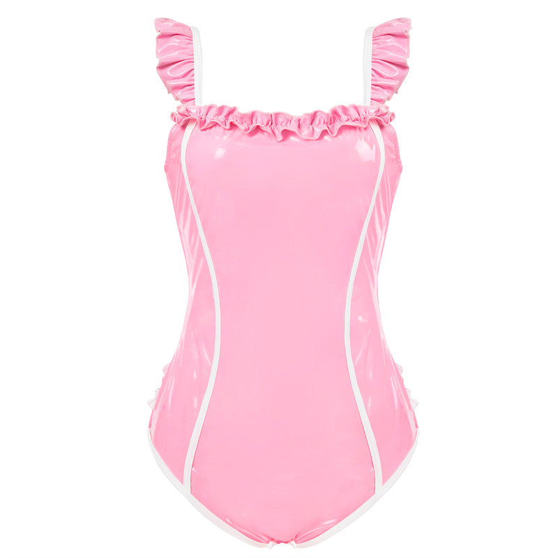 Latex-like Babygirl in Training Onesie Bodysuit