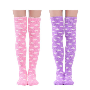 Cute Coral Fleece Thigh High Socks  Patten Socks 2 Pairs - Dotted Pink & Purple Set