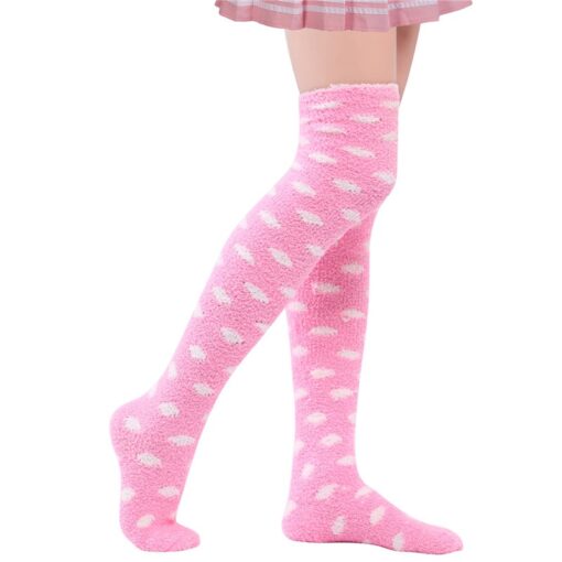 Cute Coral Fleece Thigh High Socks  Patten Socks 2 Pairs - Dotted Pink & Purple Set