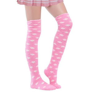 Cute Coral Fleece Thigh High Socks  Patten Socks 2 Pairs - Dotted Pink & Purple Set