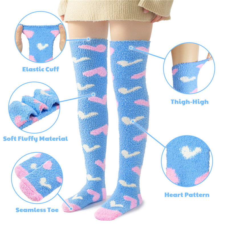 Coral Fleece Knee High Long Heart Pattern Socks 2 Pairs Set