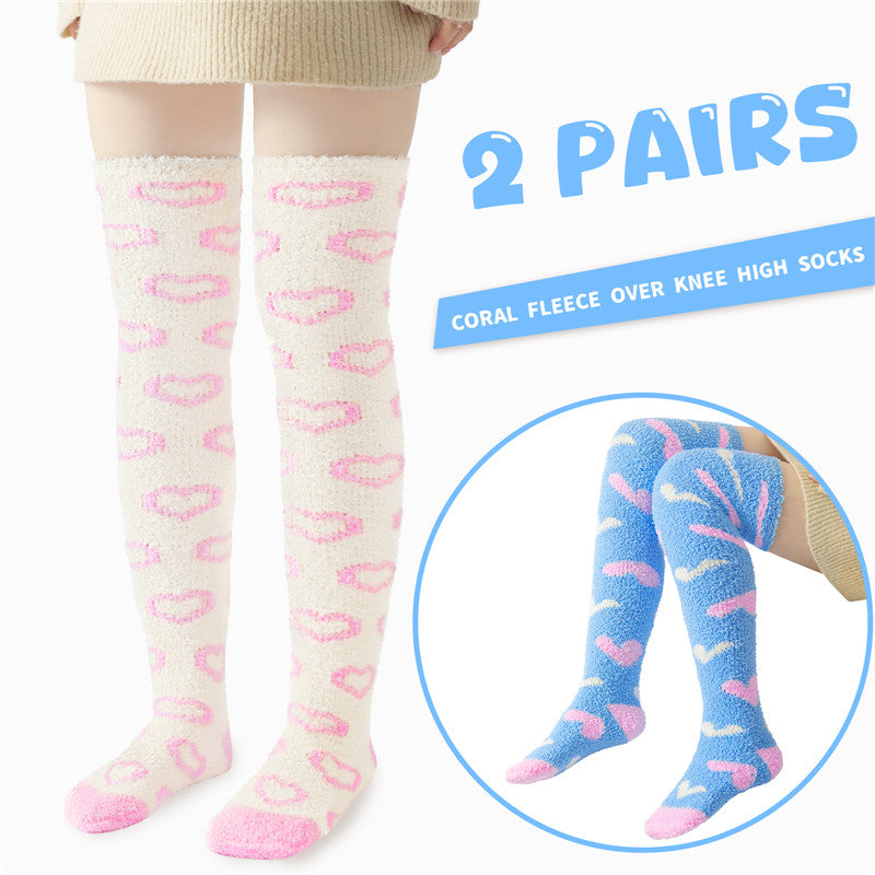 Coral Fleece Knee High Long Heart Pattern Socks 2 Pairs Set