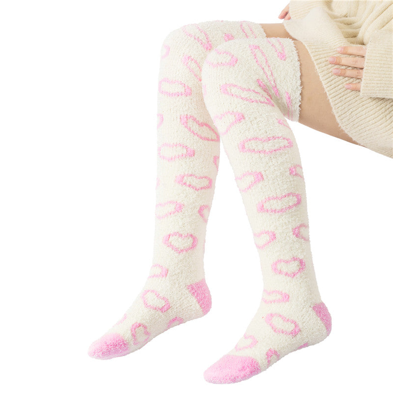 Coral Fleece Knee High Long Heart Pattern Socks 2 Pairs Set