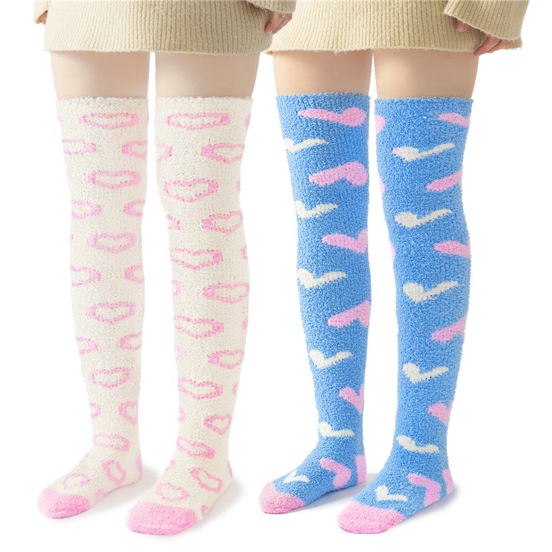 Coral Fleece Knee High Long Heart Pattern Socks 2 Pairs Set