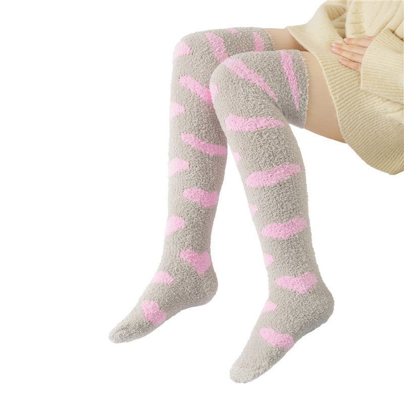 Coral Fleece Knee High Long Heart Pattern Socks 2 Pairs Set