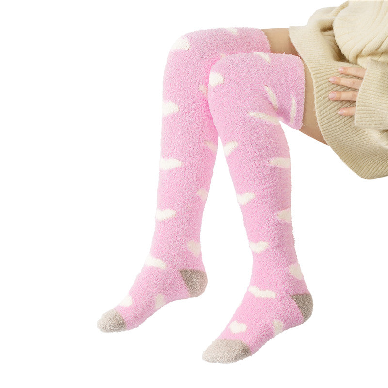 Coral Fleece Knee High Long Heart Pattern Socks 2 Pairs Set