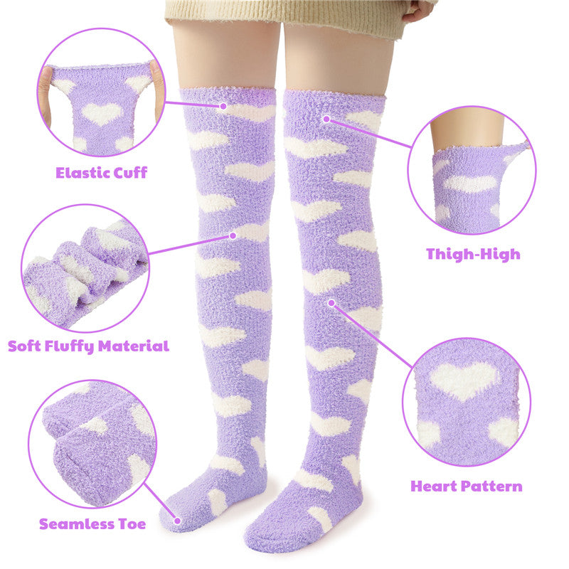 Coral Fleece Knee High Long Heart Pattern Socks 2 Pairs Set