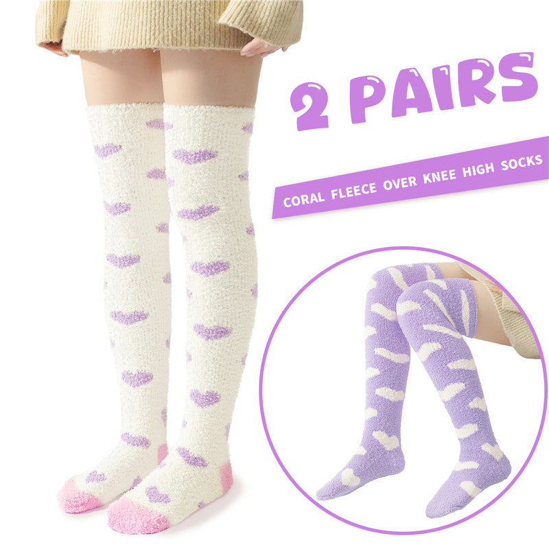 Coral Fleece Knee High Long Heart Pattern Socks 2 Pairs Set