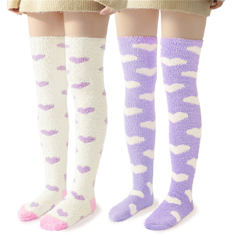 Coral Fleece Knee High Long Heart Pattern Socks 2 Pairs Set