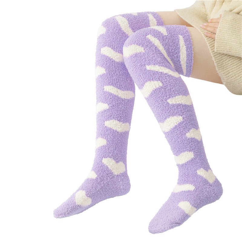 Coral Fleece Knee High Long Heart Pattern Socks 2 Pairs Set