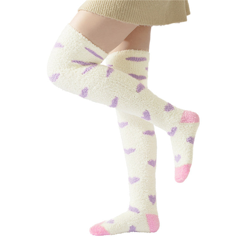 Coral Fleece Knee High Long Heart Pattern Socks 2 Pairs Set