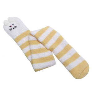 Cute Animal Coral Fleece Thigh High Socks 2 Pack- Sheep Color & Cat Yellow Set - myabdlsupplies