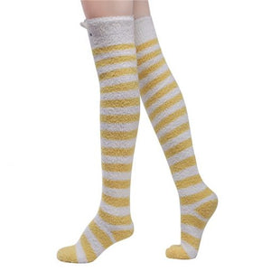 Cute Animal Coral Fleece Thigh High Socks 2 Pack- Sheep Color & Cat Yellow Set - myabdlsupplies