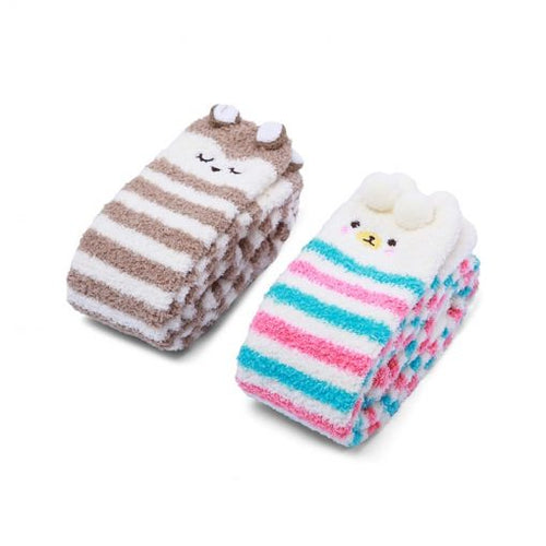 Cute Animal Coral Fleece Thigh High Socks 2 Pack- Owl & Colorful Bear Set