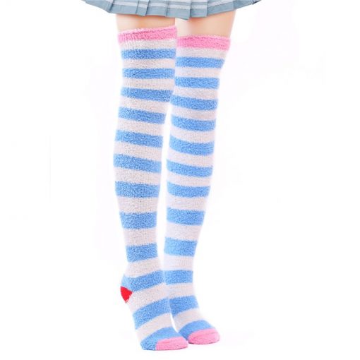 Coral Fleece Thigh High Socks 2 Pack- Striped Blue & Purple Set - myabdlsupplies