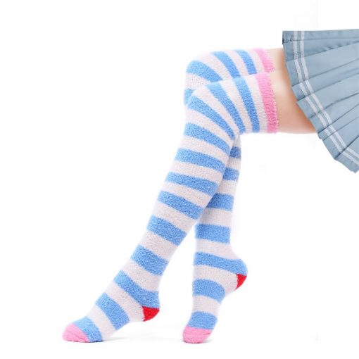 Coral Fleece Thigh High Socks 2 Pack- Striped Blue & Purple Set - myabdlsupplies