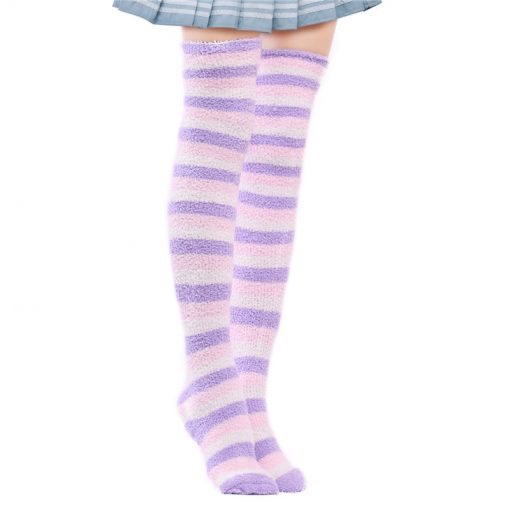 Coral Fleece Thigh High Socks 2 Pack- Striped Blue & Purple Set - myabdlsupplies