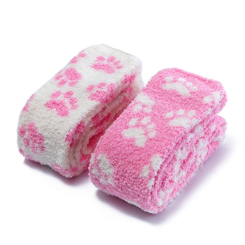 Cute Coral Fleece Thigh High Long Paws Patten Socks 2 Pairs-Pink Paws Set
