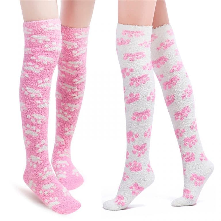 Cute Coral Fleece Thigh High Long Paws Patten Socks 2 Pairs-Pink Paws Set - myabdlsupplies