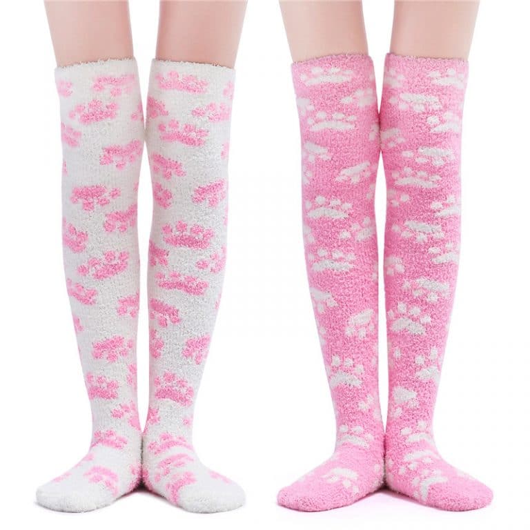 Cute Coral Fleece Thigh High Long Paws Patten Socks 2 Pairs-Pink Paws Set - myabdlsupplies
