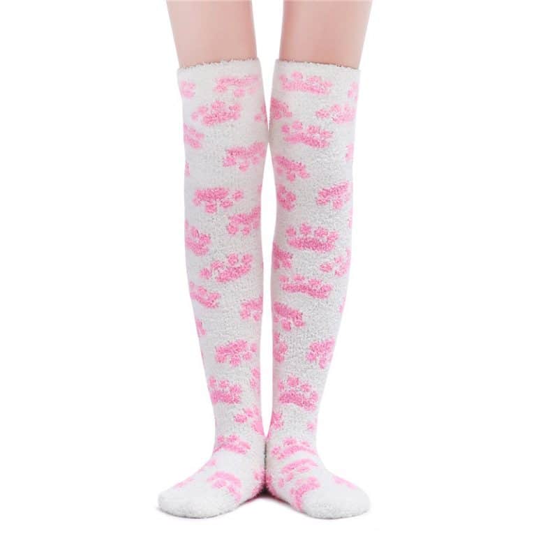 Cute Coral Fleece Thigh High Long Paws Patten Socks 2 Pairs-Pink Paws Set - myabdlsupplies
