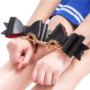 Prettybows Soft Lamb Leather Wrist Cuffs Set – Black/Red Leather & SILVER Alloy